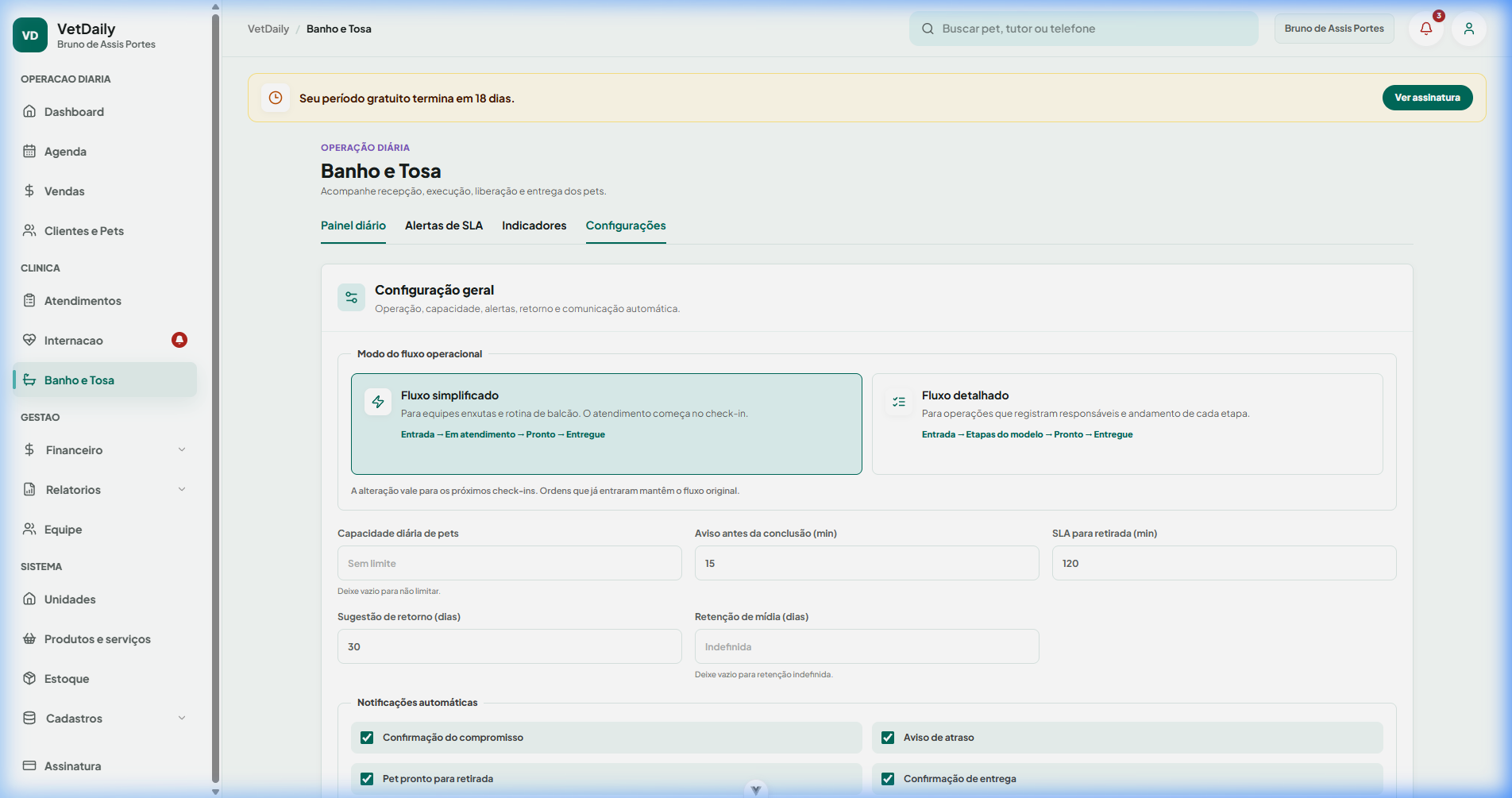 Configurações do Módulo de Banho e Tosa