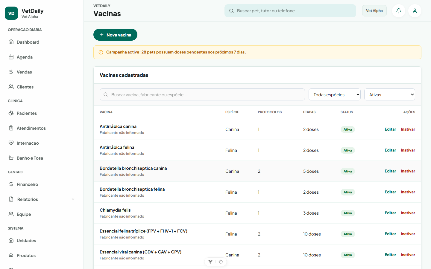 Configurações de Vacinas e Modelos